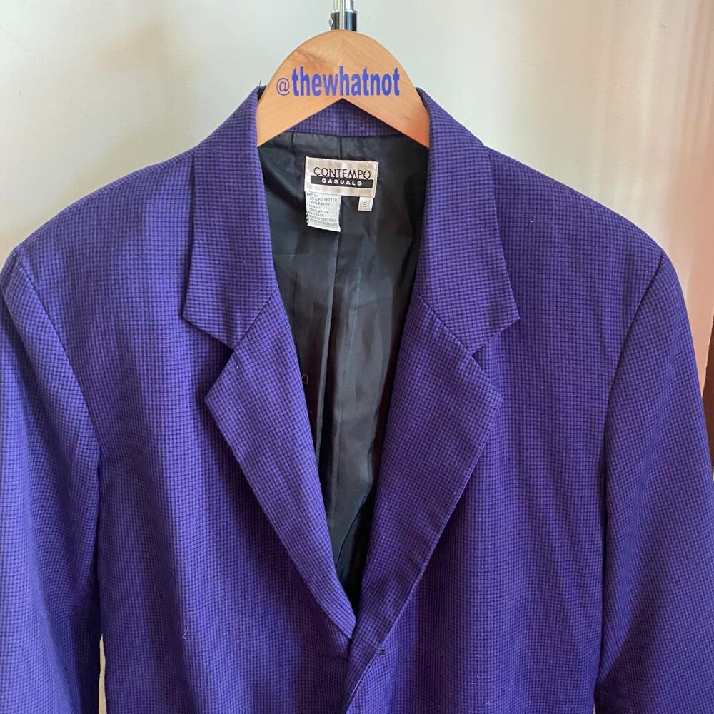 Vintage Contempo Casuals Blazer Small Purple Black Plaid Power Boxy Jacket 80s - Picture 10 of 16